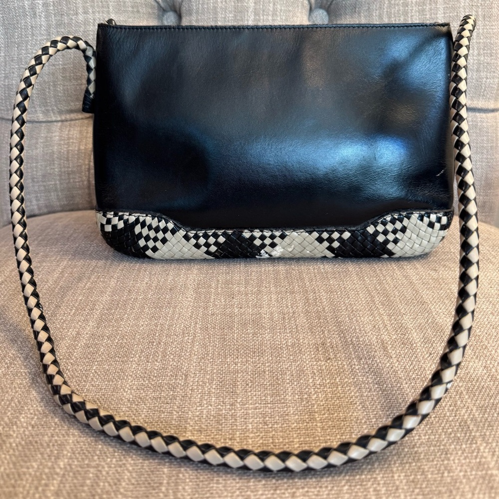 Etienne Aigner Black and Cream Woven-Trim Hobo Bag - Picture 6 of 9